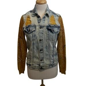 Evolution In Design Paint-Splattered Sleeve Denim Jacket Sz XL Distressed Rocker